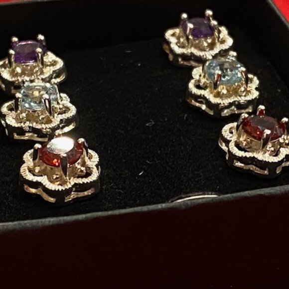 BIN 3 prs SILVER-tone AMETHYST Clear RUBY CZ Flower STUDS * Giftable * Thick - Picture 5 of 8